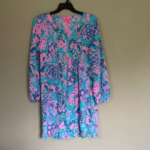 Floral Print Women's Dress - Blue and Pink